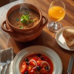 A Mediterranean dining table with a bowl of lentil soup, a plate of tomato salad, and a glass of fresh orange juice.