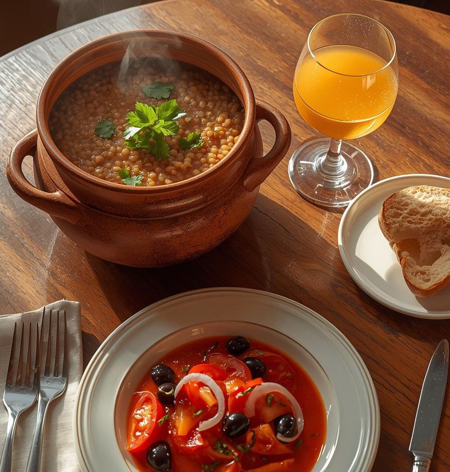 A Mediterranean dining table with a bowl of lentil soup, a plate of tomato salad, and a glass of fresh orange juice.