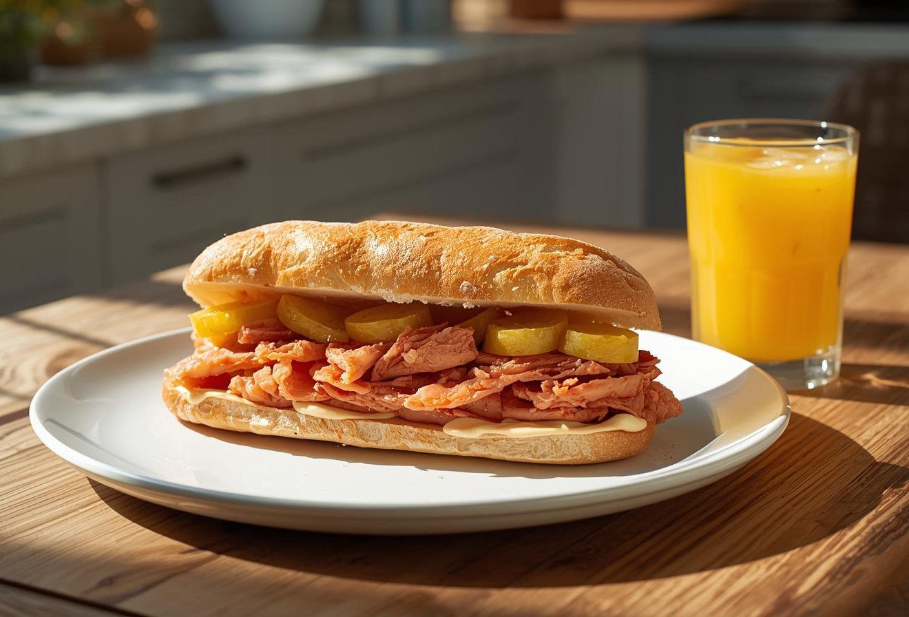 French baguette tuna sandwich filled with creamy tuna, boiled potato cubes, crunchy pickles, mayonnaise, and harissa, served on a plate with orange juice.