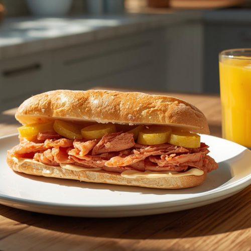 French baguette tuna sandwich filled with creamy tuna, boiled potato cubes, crunchy pickles, mayonnaise, and harissa, served on a plate with orange juice.