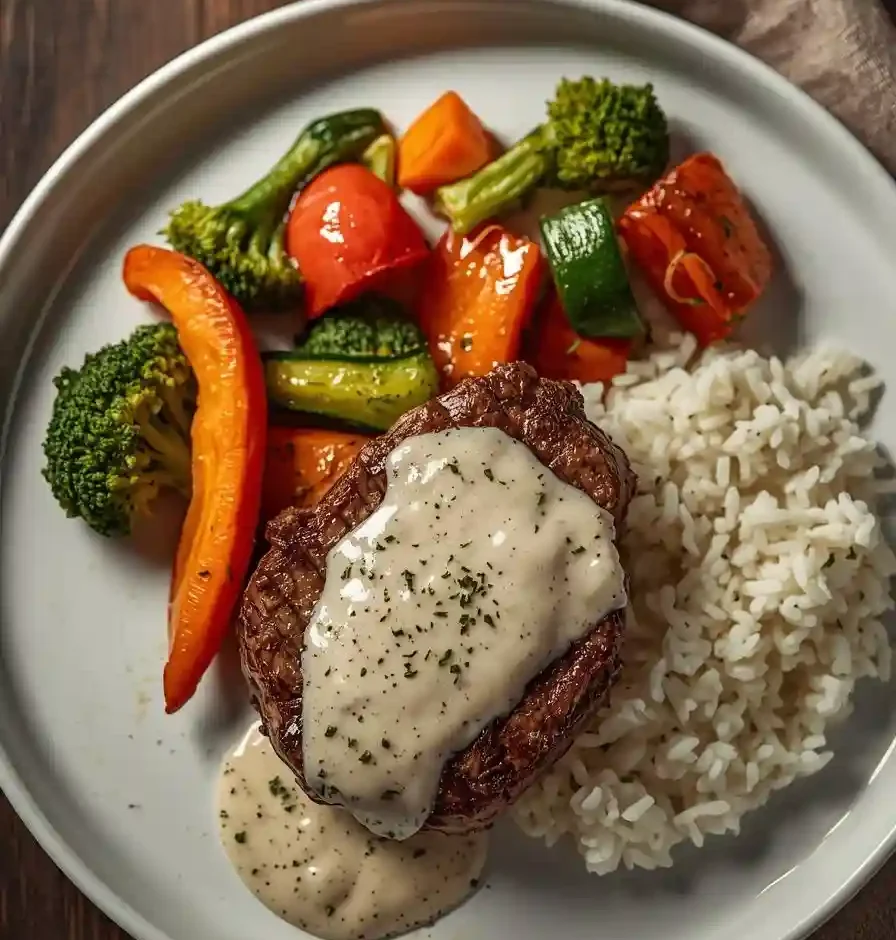 Beef Steak with White Sauce, Sautéed Vegetables and Rice