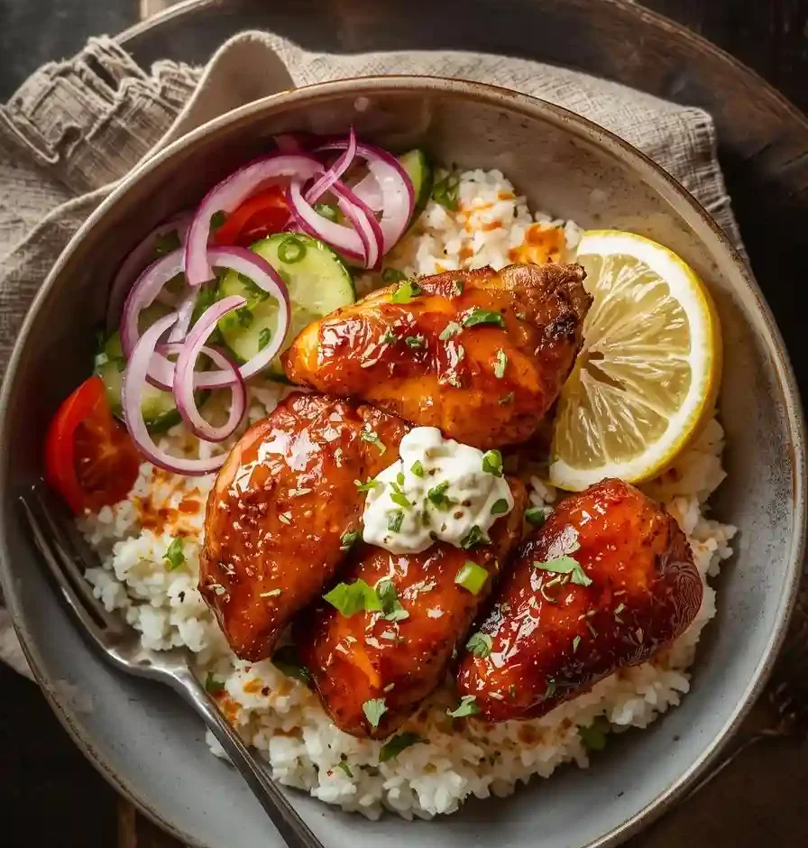 Crispy harissa honey chicken bowl, glossy caramelized chicken bites over fluffy white rice, cucumber and cherry tomato salad, thin red onion, fresh herbs, drizzle of yogurt–tahini, lemon wedge on side.