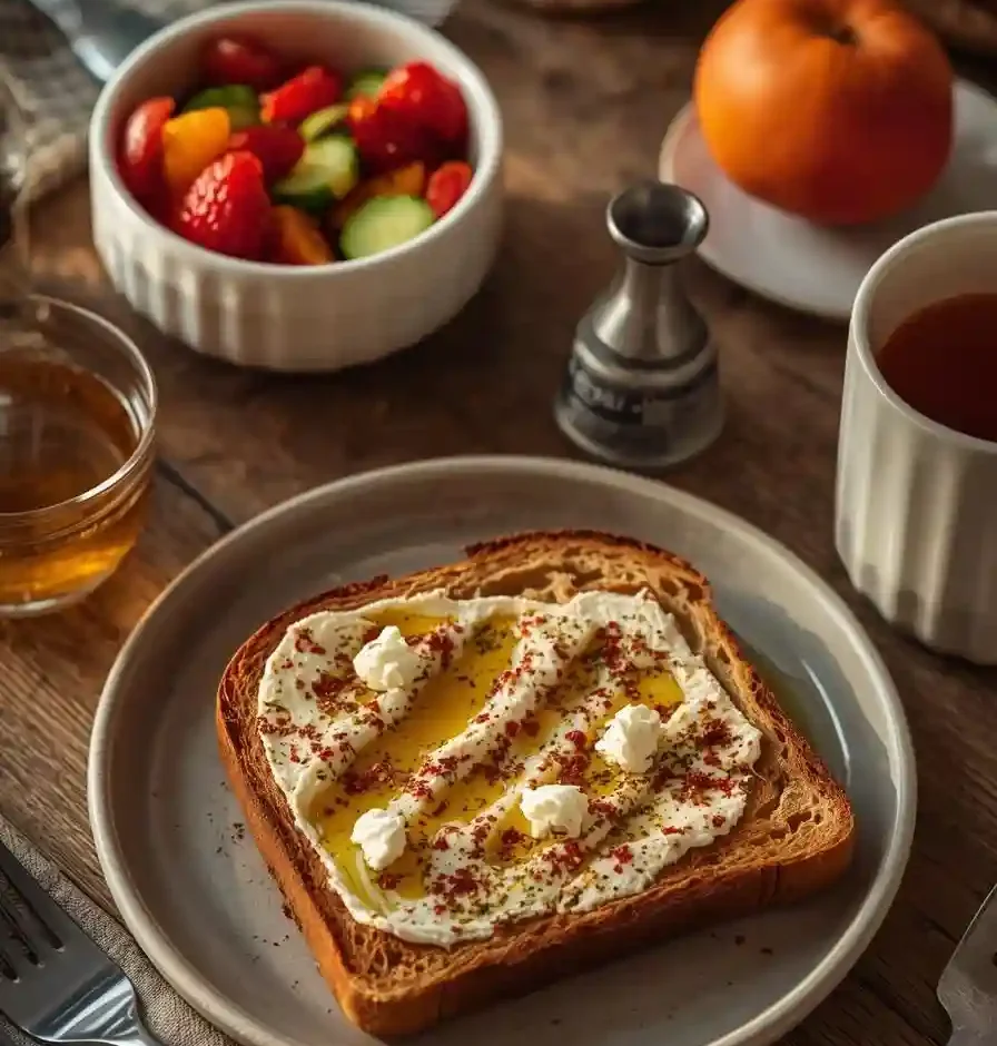 Za’atar toast with olive oil and cheese on a cozy American family table with tea, tomato–cucumber, and autumn fruit