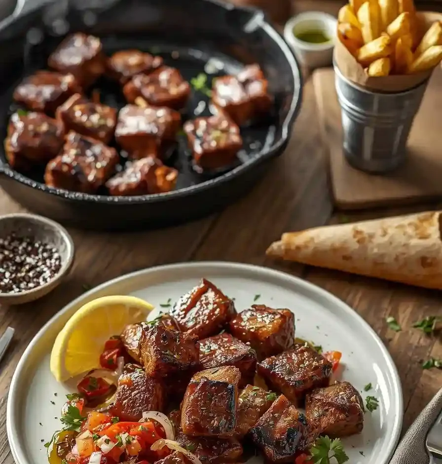 Garlic-Cumin Beef Bites seared in a cast-iron skillet with olive oil, garlic, thyme, plus tomato–onion salad and crispy fries
