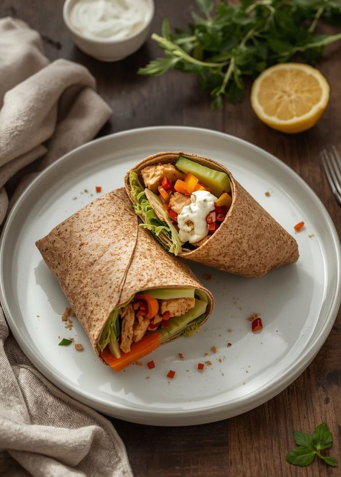 Healthy chicken wrap cut in half showing spiced chicken, crunchy veggies, and herby yogurt sauce in a whole-wheat tortilla