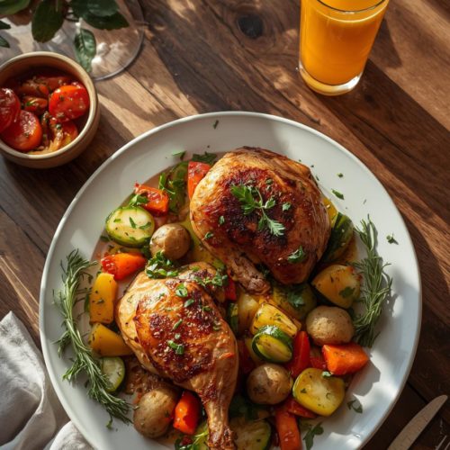 Golden roasted Mediterranean chicken with garlic, parsley, and herbs, served with steamed vegetables and a spicy tomato salad on a wooden table with a glass of orange juice.