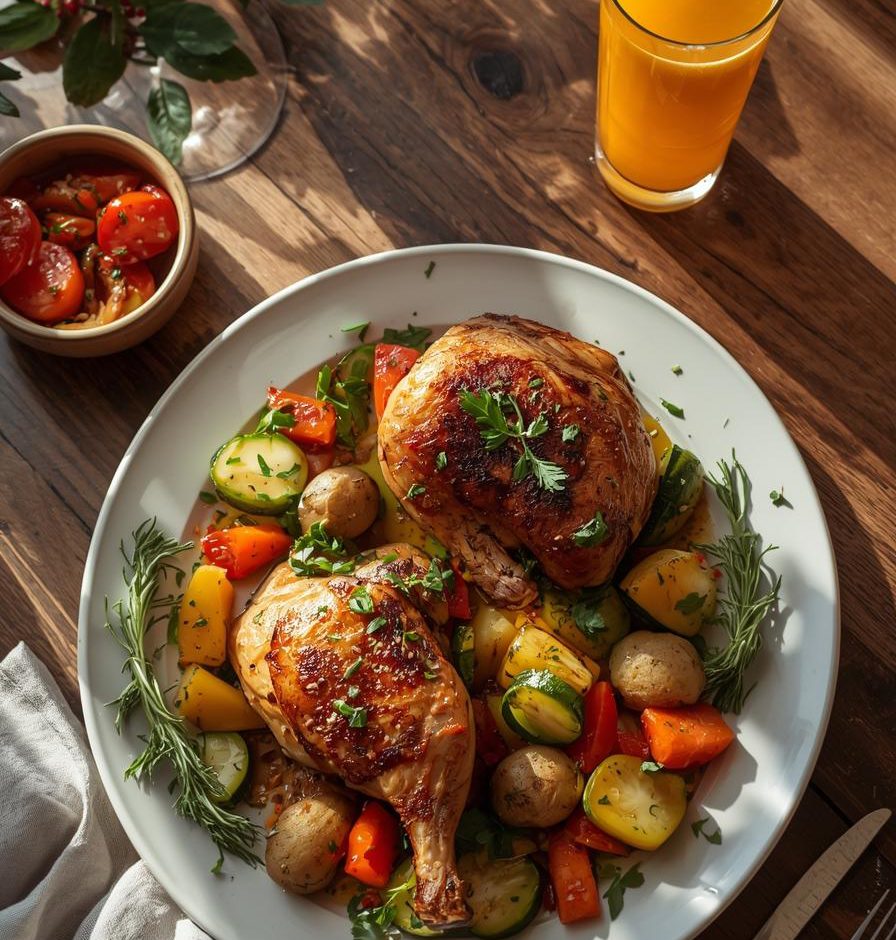 Golden roasted Mediterranean chicken with garlic, parsley, and herbs, served with steamed vegetables and a spicy tomato salad on a wooden table with a glass of orange juice.