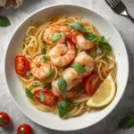 Mediterranean shrimp pasta with cherry tomatoes, lemon zest, and fresh herbs drizzled with olive oil