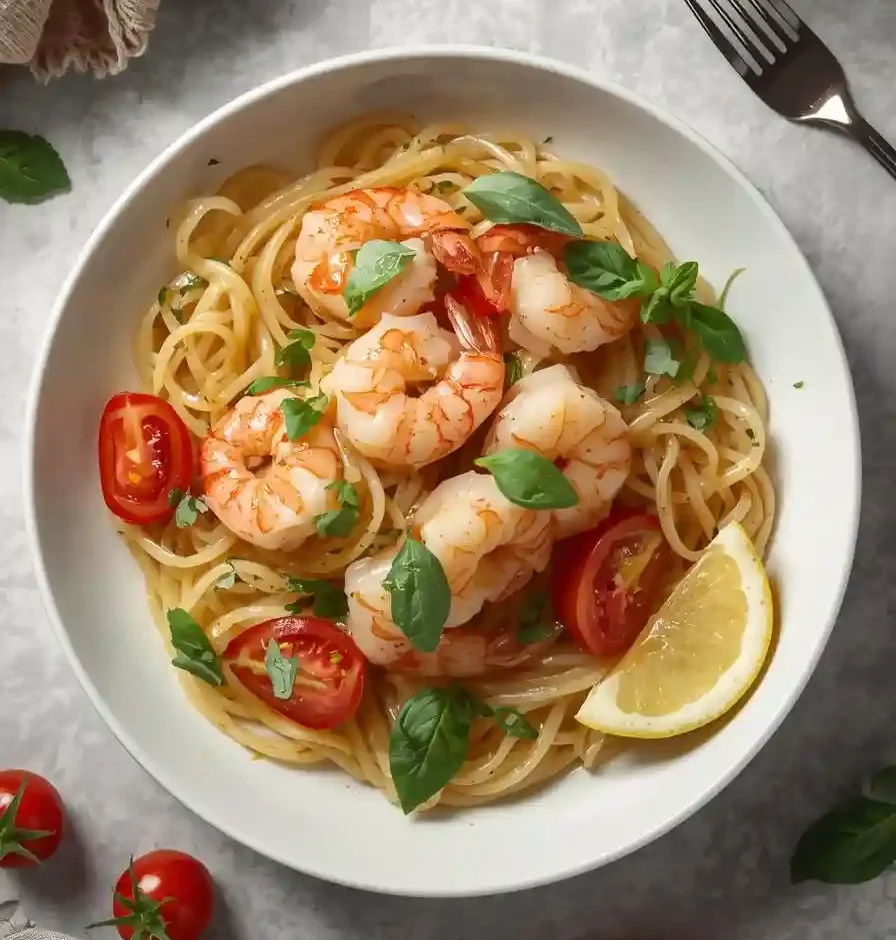 Mediterranean shrimp pasta with cherry tomatoes, lemon zest, and fresh herbs drizzled with olive oil
