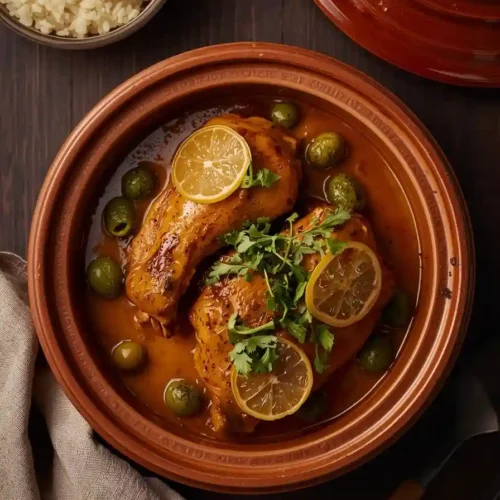 Moroccan chicken tagine with preserved lemons and green olives, served in a traditional terracotta tagine dish