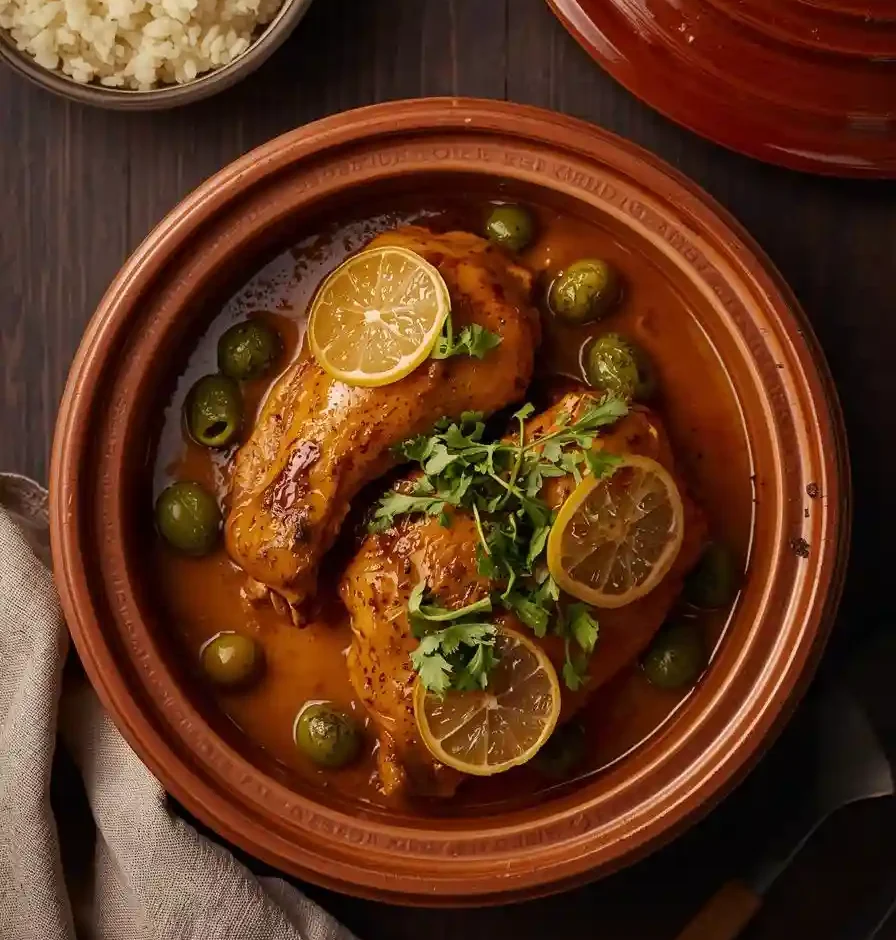 Moroccan chicken tagine with preserved lemons and green olives, served in a traditional terracotta tagine dish