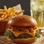 Juicy smash burger with caramelized onions, melted cheddar, crispy fries, and a glass of lemonade on a rustic wooden American family table.
