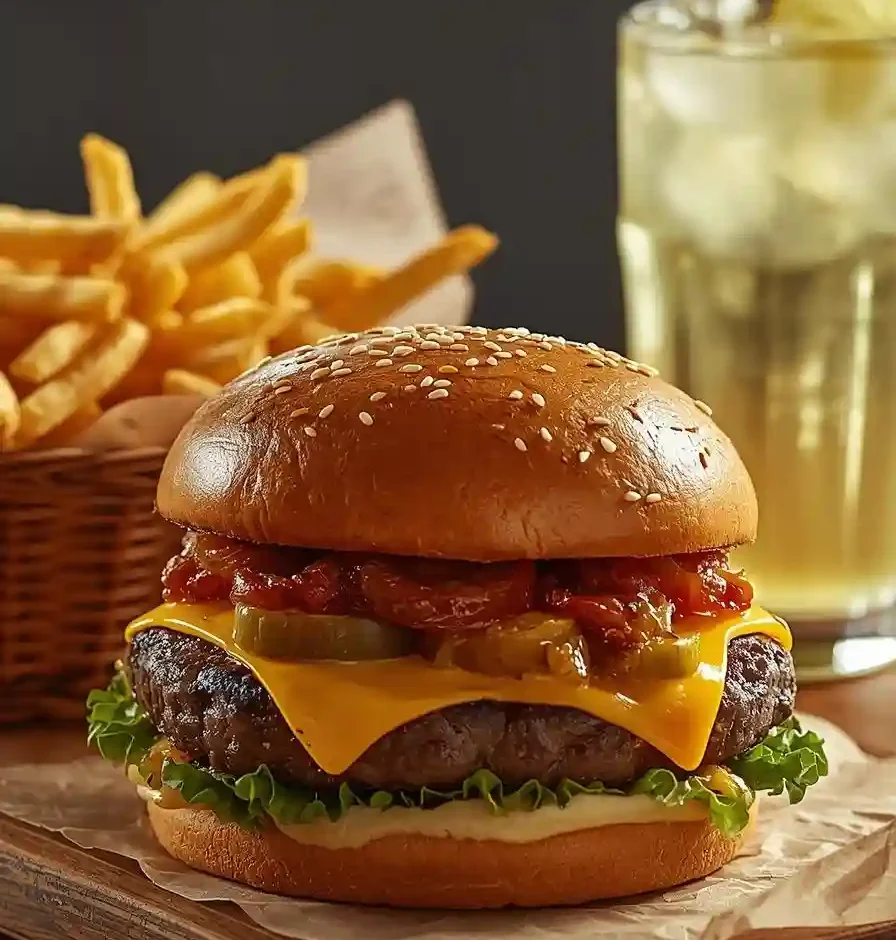 Juicy smash burger with caramelized onions, melted cheddar, crispy fries, and a glass of lemonade on a rustic wooden American family table.