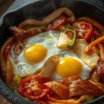 Smoked chicken shakshuka with sweet red peppers, hot chilies, and poached eggs in a cast-iron skillet, topped with herbs and feta