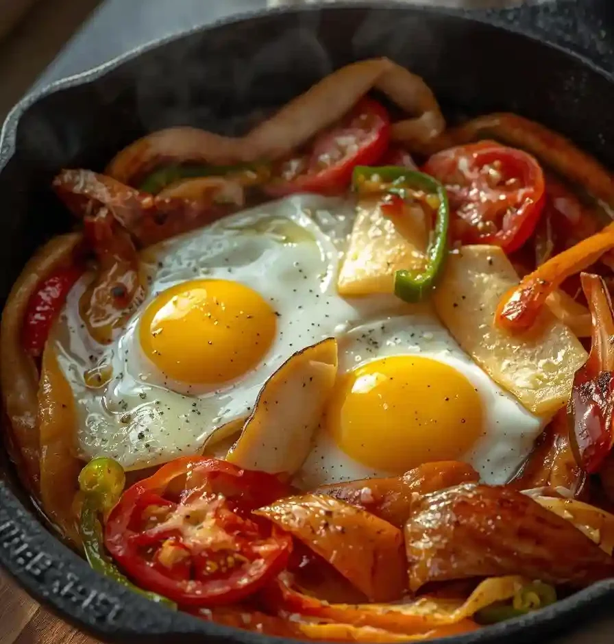 Smoked chicken shakshuka with sweet red peppers, hot chilies, and poached eggs in a cast-iron skillet, topped with herbs and feta