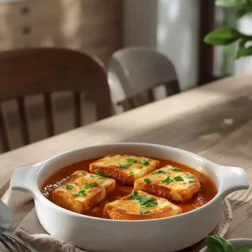 Tomato soup and grilled cheese bake with melted golden cheese and toasted bread in a white baking dish on a wooden table under soft daylight.