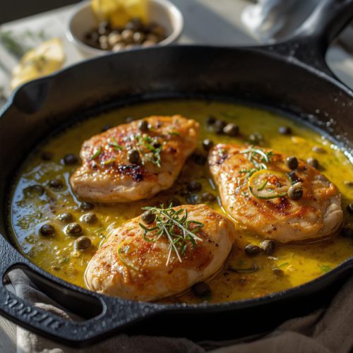 Golden lemon & thyme chicken cutlets in lemon-butter sauce with capers and fresh thyme in a cast-iron skillet