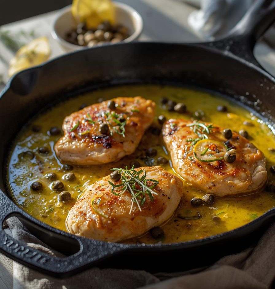 Golden lemon & thyme chicken cutlets in lemon-butter sauce with capers and fresh thyme in a cast-iron skillet