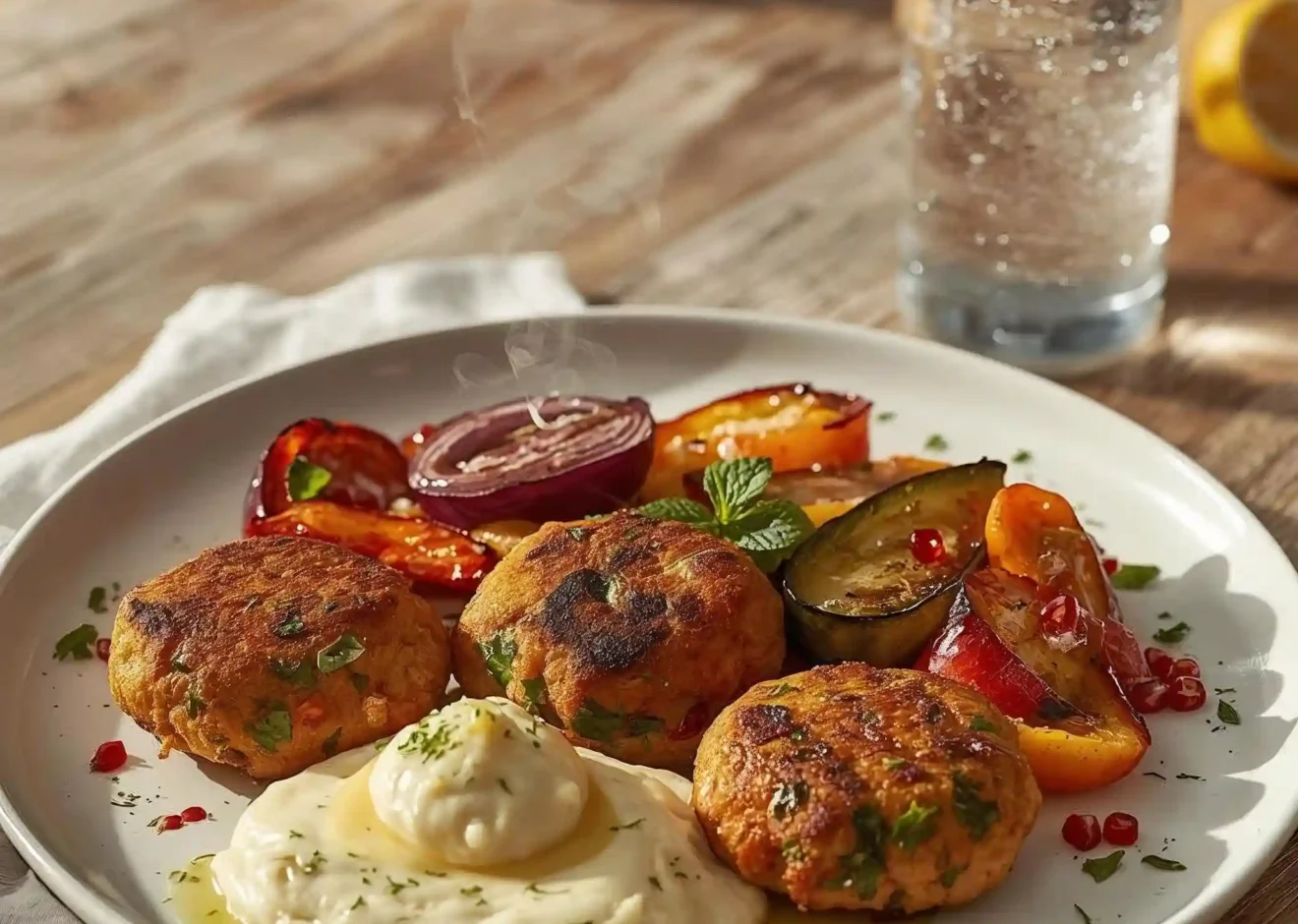 Mediterranean chicken kofta served with roasted vegetables and creamy mashed potatoes on a rustic table, paired with a glass of kiwi juice.