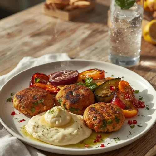 Mediterranean chicken kofta served with roasted vegetables and creamy mashed potatoes on a rustic table, paired with a glass of kiwi juice.