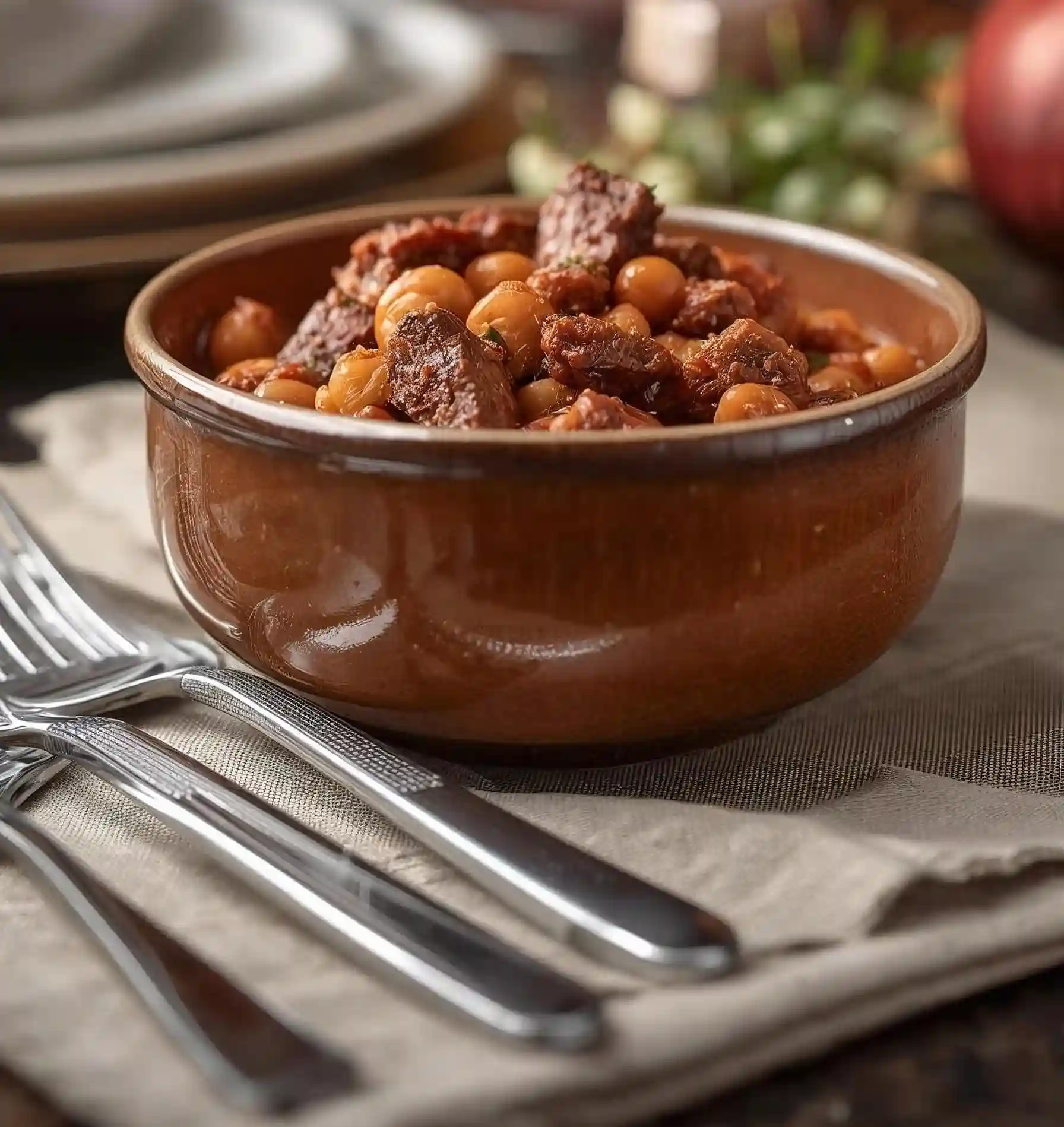Golden Prosperity Beef Hoppin' John served in a rustic bowl on a beautifully styled dining table