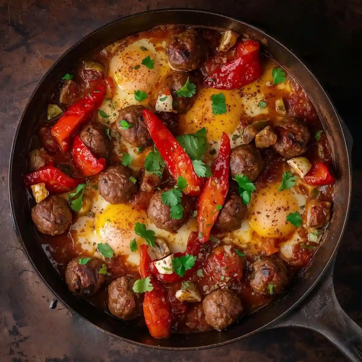 Moroccan pepper and egg skillet with beef meatballs in a rustic pan