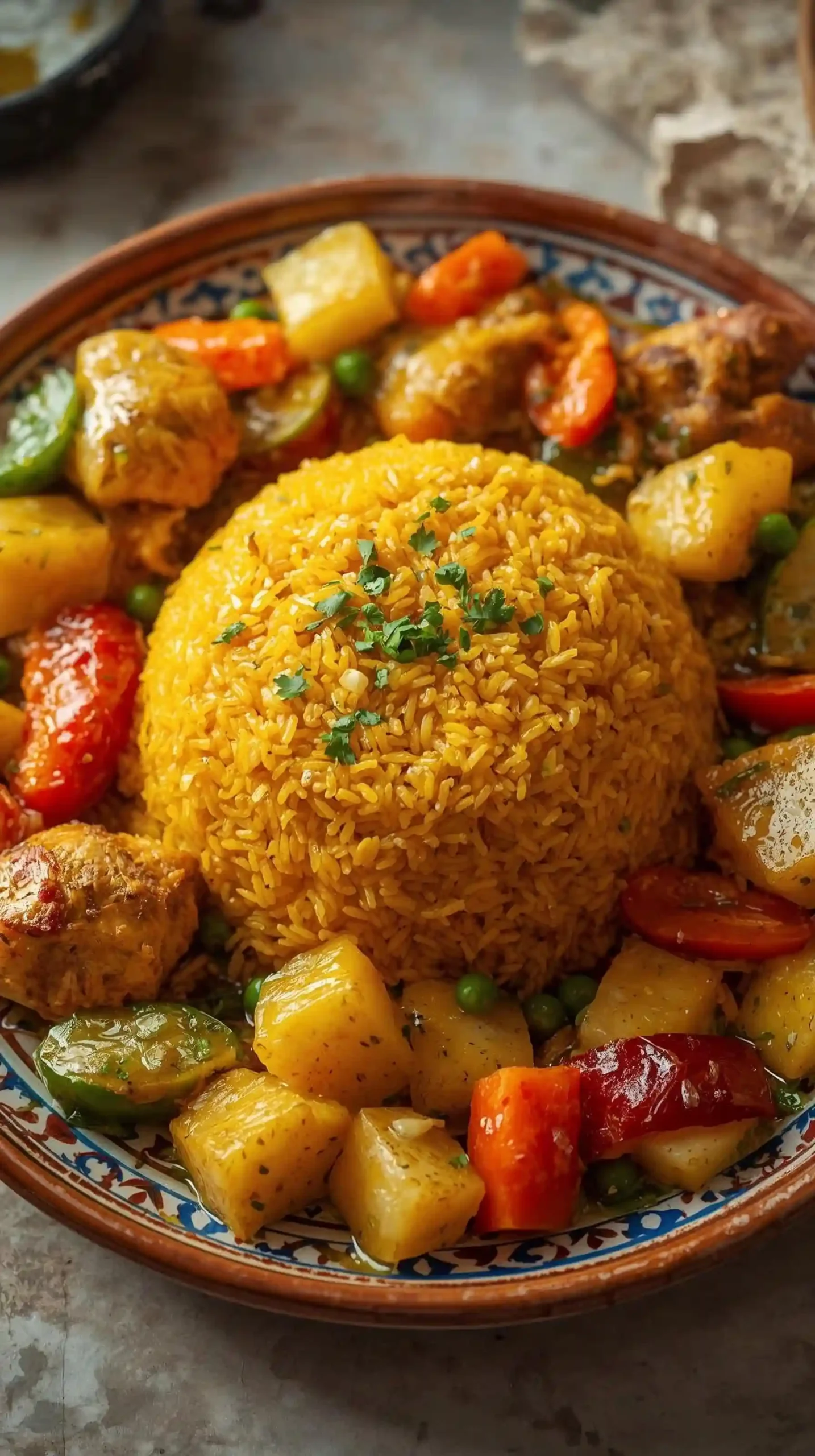 Moroccan steamed chicken and vegetables with seasoned rice, parsley, garlic and turmeric
