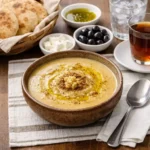 Moroccan bissara dried fava bean soup served on a rustic table with bread, black olives, white cheese, olive oil, black tea, and water