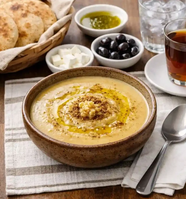 Moroccan bissara dried fava bean soup served on a rustic table with bread, black olives, white cheese, olive oil, black tea, and water