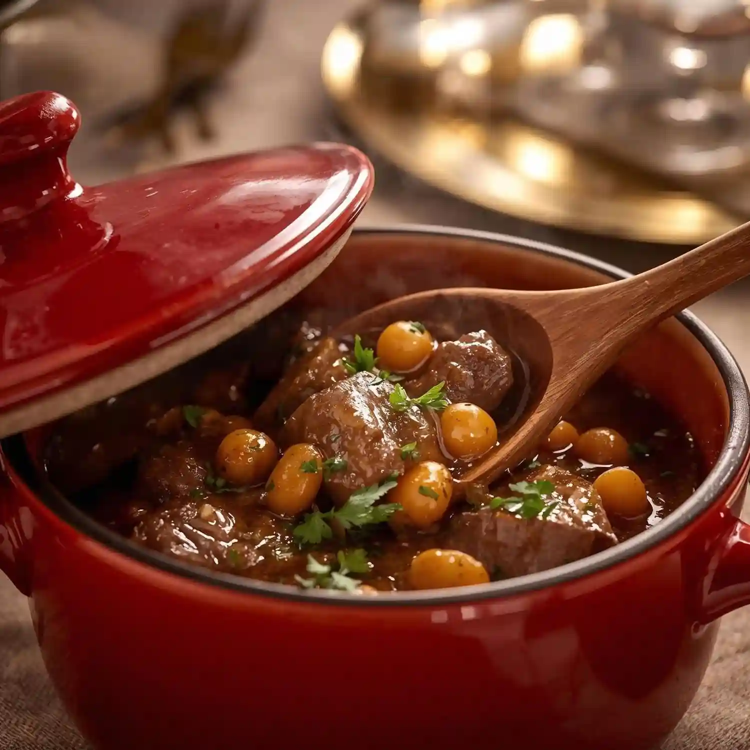 Finished Moroccan beef stew in red ceramic bowl
