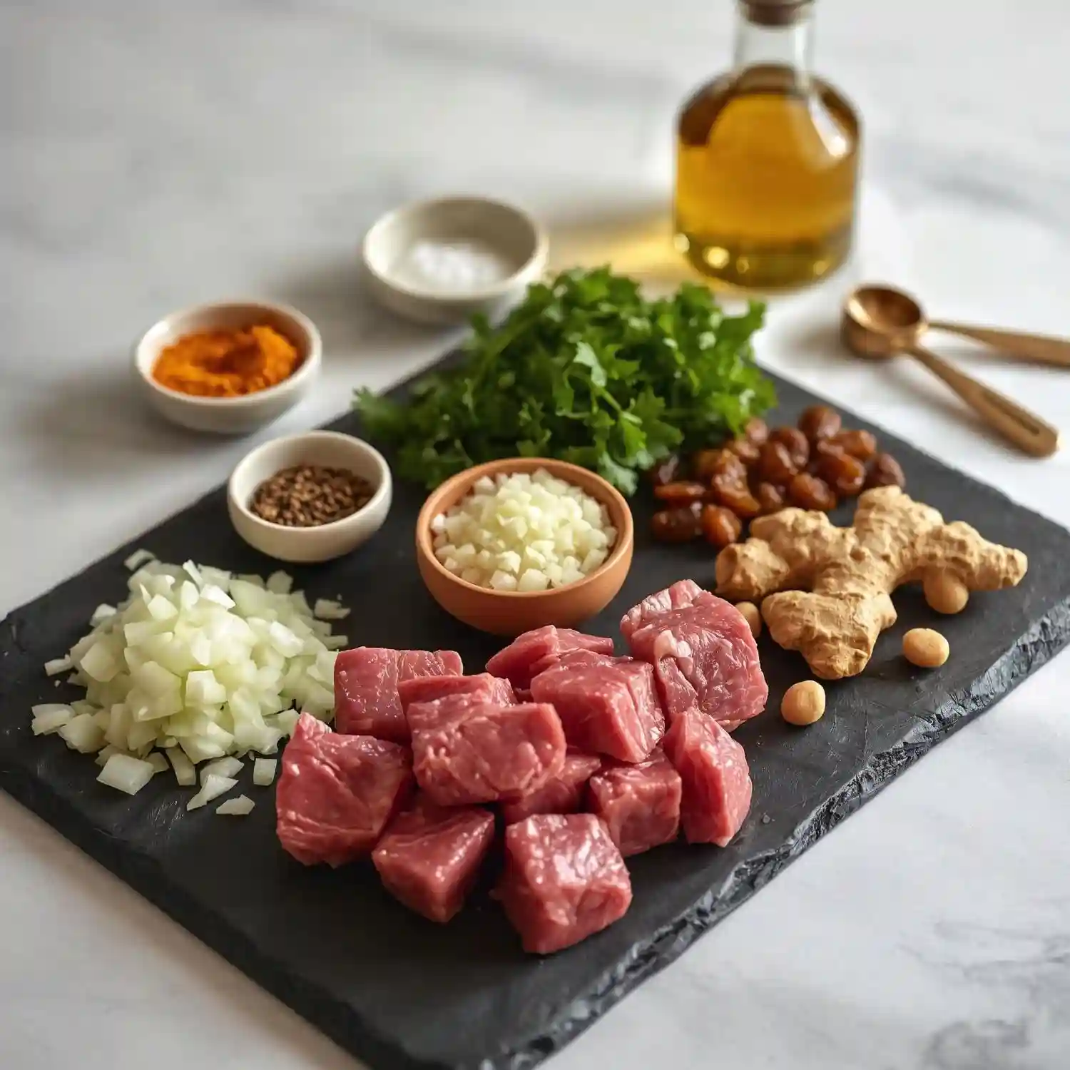 Moroccan beef stew ingredients artfully arranged