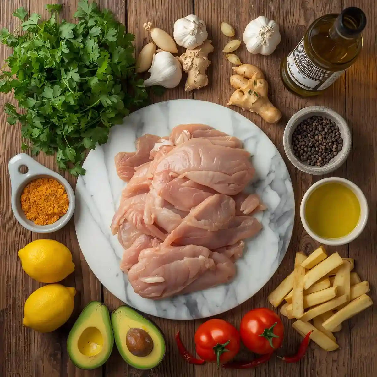 Ingredients for Moroccan chicken recipe beautifully arranged on rustic wooden table