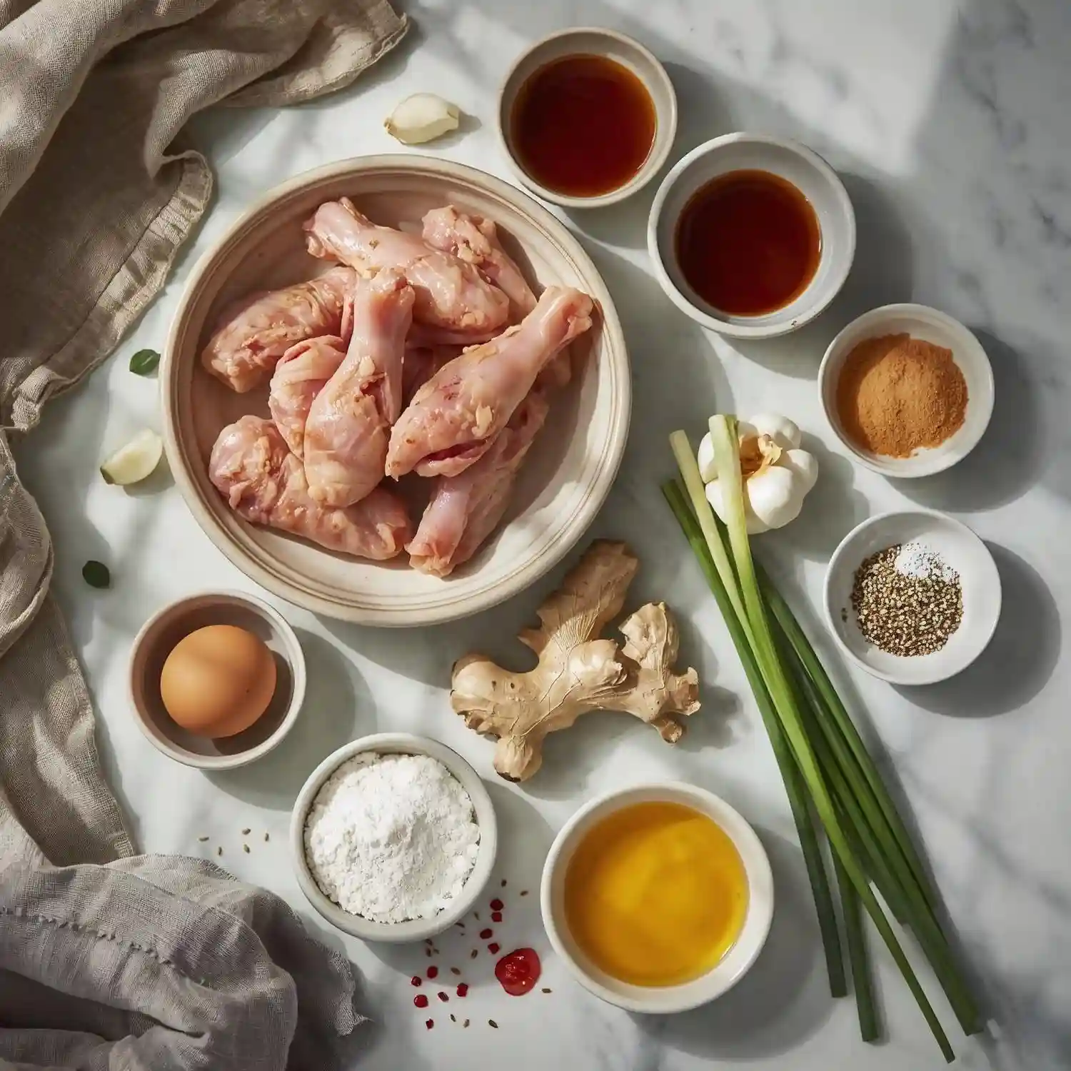 Ingredients for Korean Fried Chicken arranged naturally on a kitchen counter