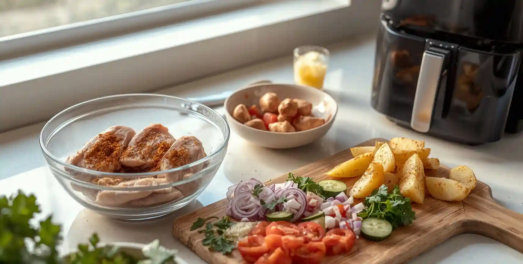 Air fryer chicken bites with roasted potatoes, fresh salad, and lemon drink