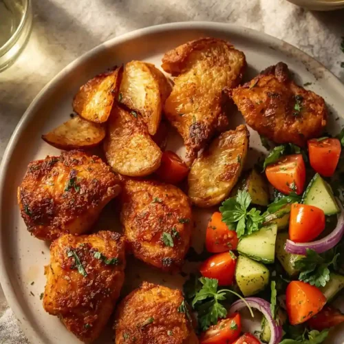 Crispy air fryer chicken bites served with roasted potatoes, fresh salad, and a lemon drink.