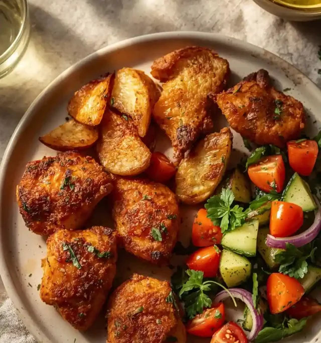 Crispy air fryer chicken bites served with roasted potatoes, fresh salad, and a lemon drink.