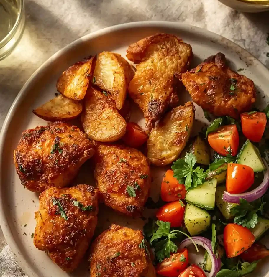 Crispy air fryer chicken bites served with roasted potatoes, fresh salad, and a lemon drink.