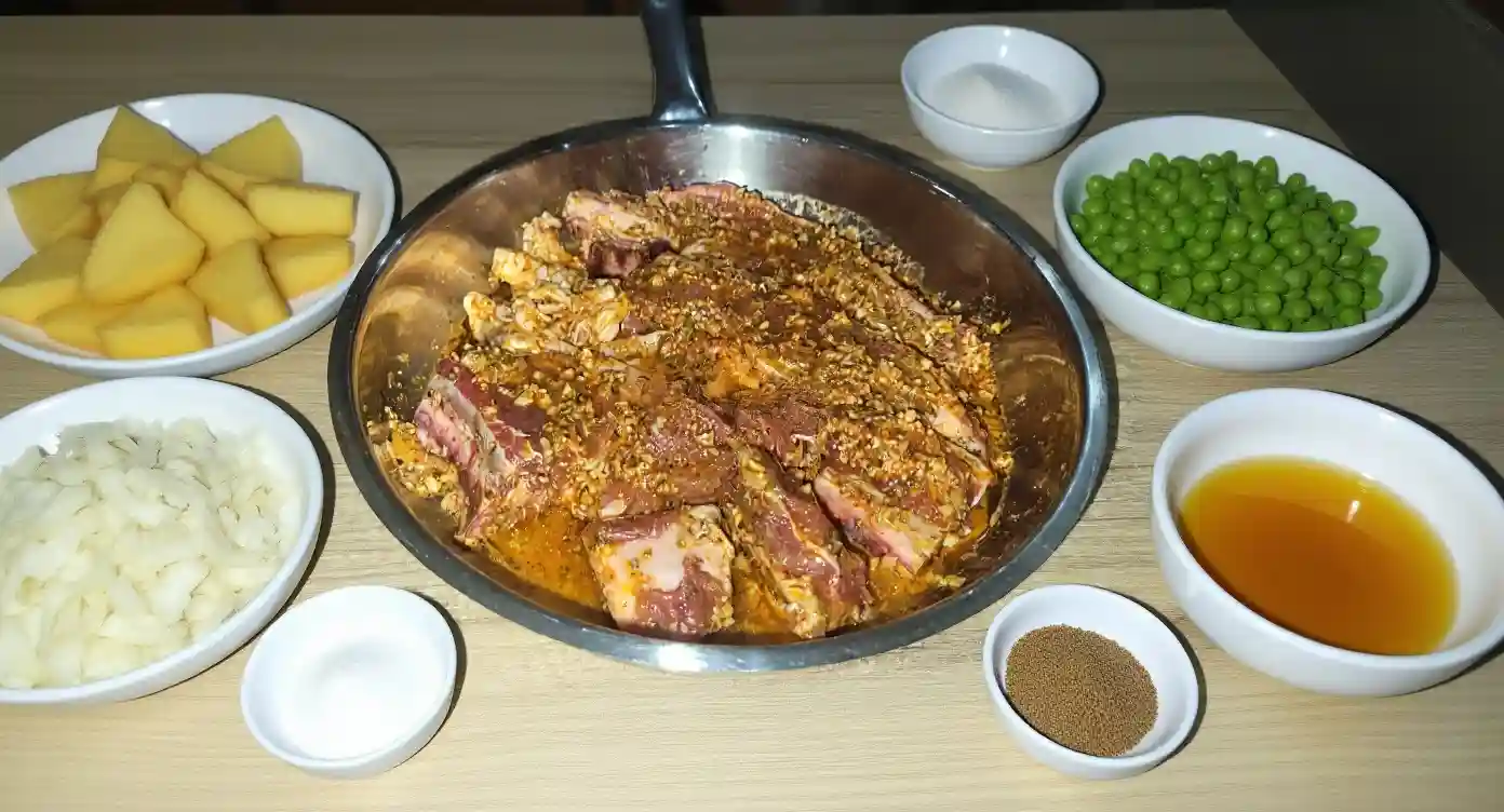 Crispy raw beef cubes marinated with garlic, thyme, chili, and olive oil, surrounded by bowls of peeled potato wedges, sliced onions, green peas, olive oil, salt, and black pepper, ready to become a hearty Moroccan beef tagine. 