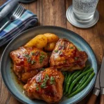 Hyper-realistic shot of honey garlic chicken thighs on a ceramic plate with roasted potatoes, green beans, and a refreshing glass of iced water on a rustic wooden table.