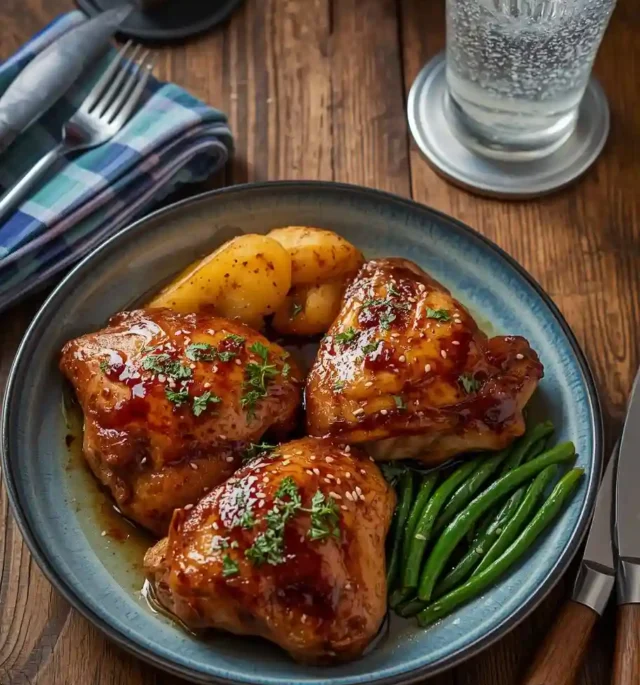 Hyper-realistic shot of honey garlic chicken thighs on a ceramic plate with roasted potatoes, green beans, and a refreshing glass of iced water on a rustic wooden table.