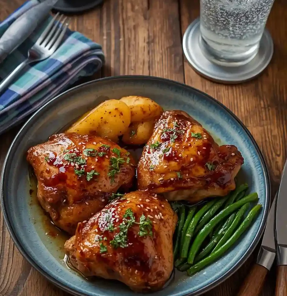 Hyper-realistic shot of honey garlic chicken thighs on a ceramic plate with roasted potatoes, green beans, and a refreshing glass of iced water on a rustic wooden table.