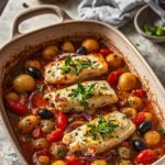 Puttanesca Fish Tray Bake with white fish, tomatoes, olives, capers, and roasted potatoes