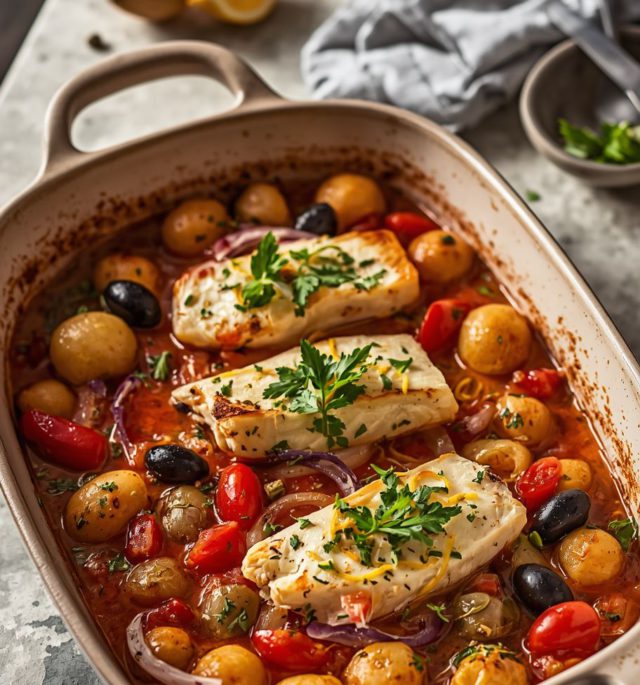 Puttanesca Fish Tray Bake with white fish, tomatoes, olives, capers, and roasted potatoes