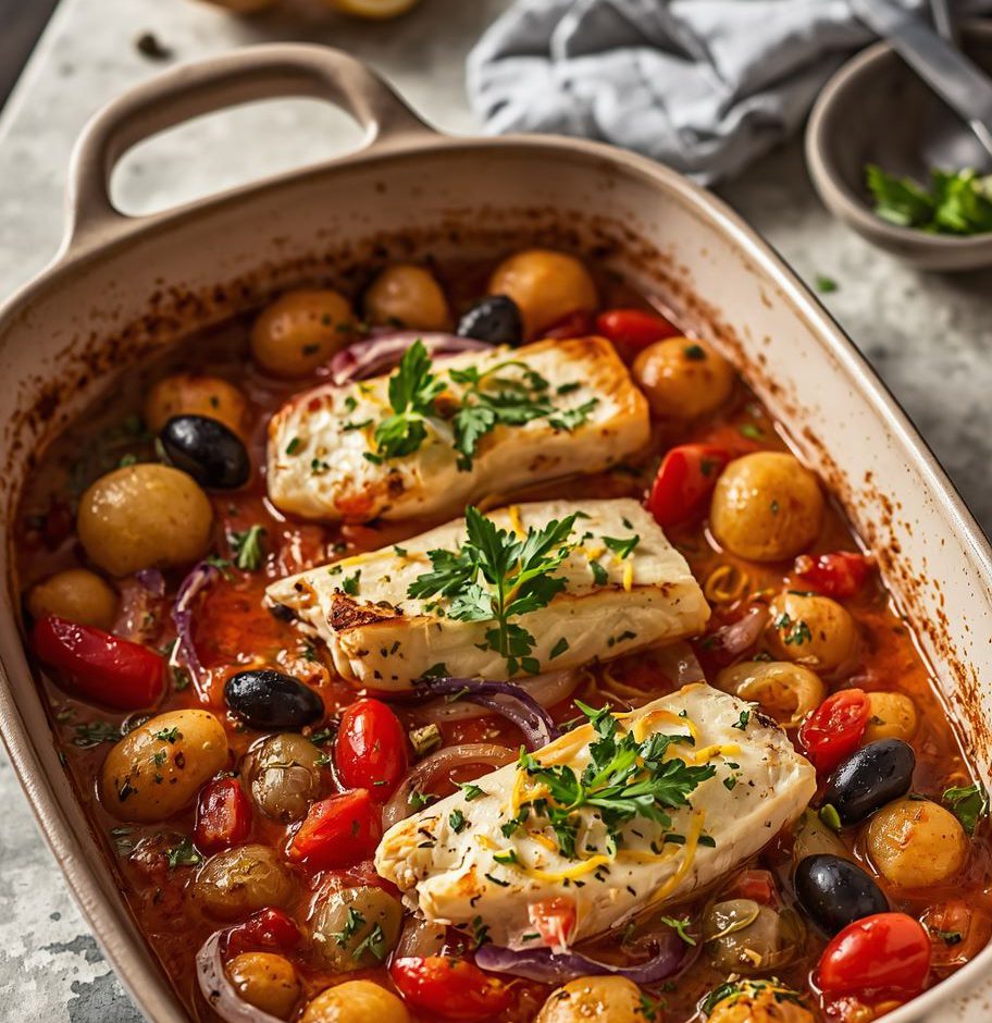 Puttanesca Fish Tray Bake with white fish, tomatoes, olives, capers, and roasted potatoes
