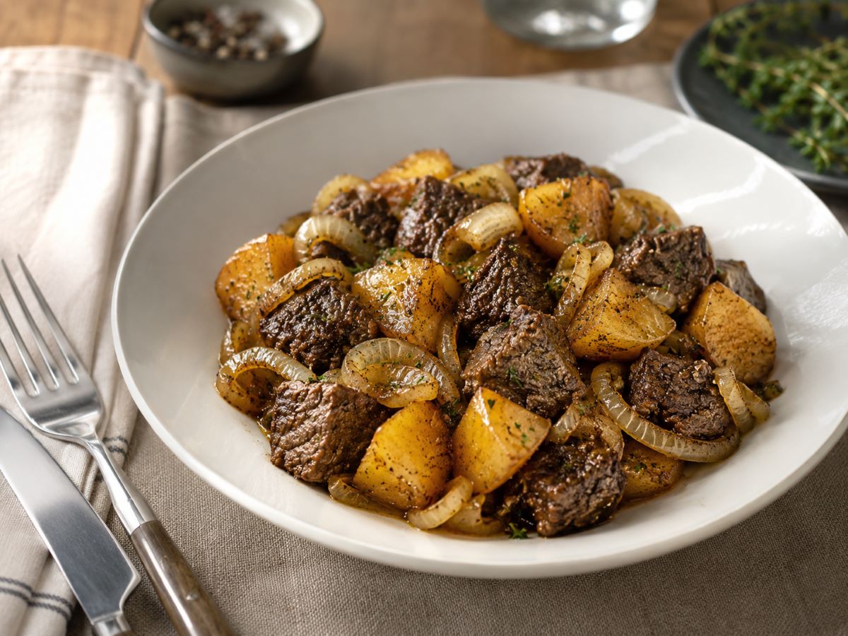 Beef with Onions and Potatoes cooked with olive oil, salt, and tender onions in a rustic bowl