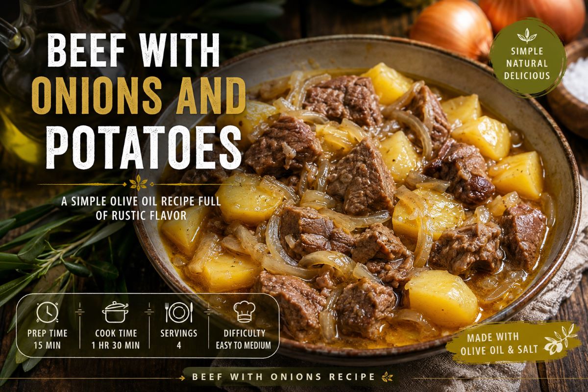 Beef with Onions and Potatoes Recipe Beef with Onions and Potatoes cooked with olive oil, salt, and tender onions in a rustic bowl